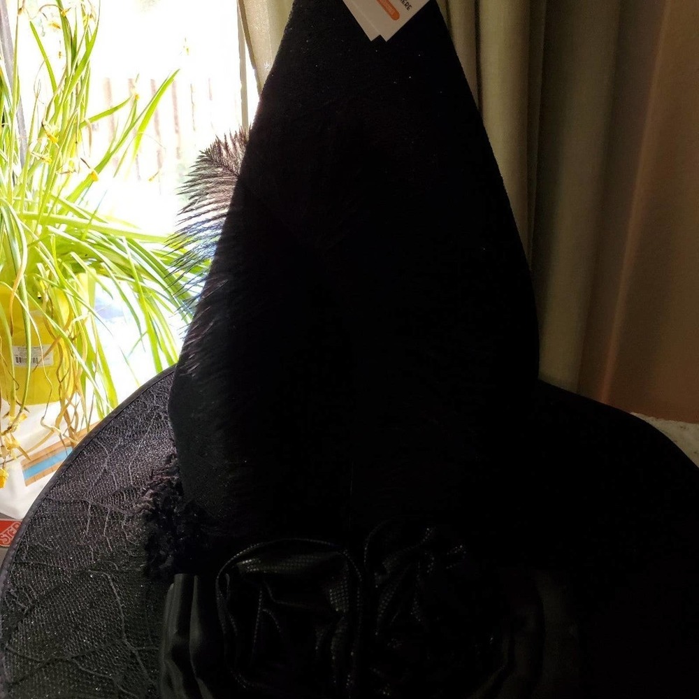 Nwt witch hat black feather spider web lace and large flowers cosplay Halloween - Picture 10 of 12